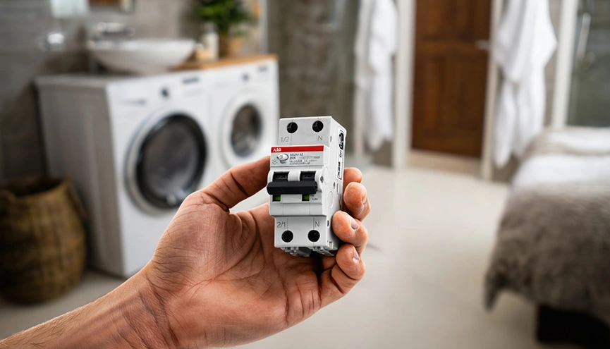 Proudový chránič typu F v ruce zblízka