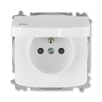 Zásuvka jednonásobná IP44, s ochranným kolíkem, s clonkami, s víčkem, bílá