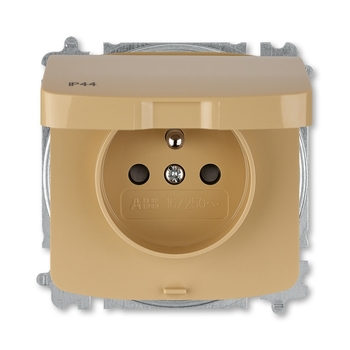 Zásuvka jednonásobná IP44, s ochranným kolíkem, s clonkami, s víčkem, béžová