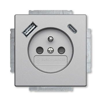 Zásuvka jednonásobná s ochranným kolíkem, s clonkami, s USB nabíjením (USB-A + USB-C), Future® linear, hliníková stříbrná