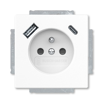 Zásuvka jednonásobná s ochranným kolíkem, s clonkami, s USB nabíjením (USB-A + USB-C), Future® linear, Solo®, Solo® carat, studio bílá