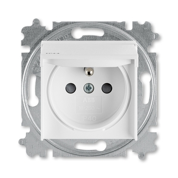 Zásuvka jednonásobná IP44, s ochranným kolíkem, s clonkami, s víčkem, bílá / bílá
