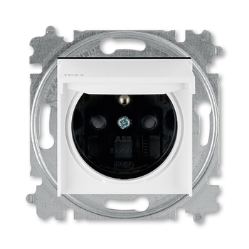 Zásuvka jednonásobná IP44, s ochranným kolíkem, s clonkami, s víčkem, bílá / kouřová černá